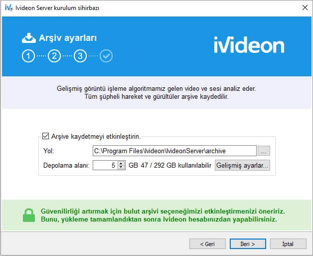 ivideon server kamera kayıt depolama alanını seçme ayarları